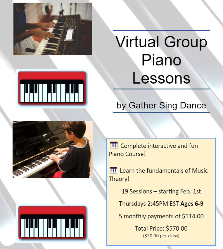 19 classes of All In One Piano Fun Group Class (Ages 6-9 Thursdays @ 2:45PM EST) Monthly per child