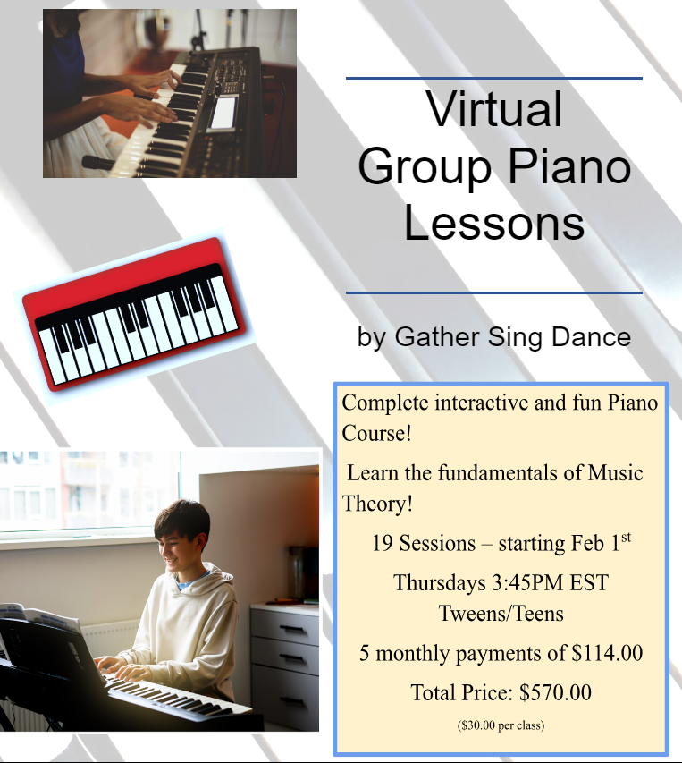 19 classes of All In One Piano Fun Group Class (Tweens/Teens Thursdays @ 345PM EST) Monthly per child