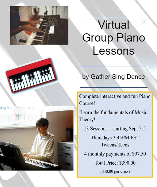 13 classes of All In One Piano Fun Group Class (Tweens/Teens Thursdays @ 345PM EST) Monthly per child
