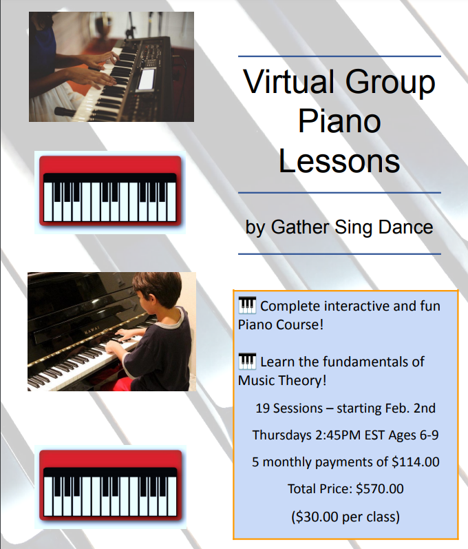 19 classes of All In One Piano Fun Group Class (Ages 6-9 Thursdays @ 245PM EST) Monthly per child