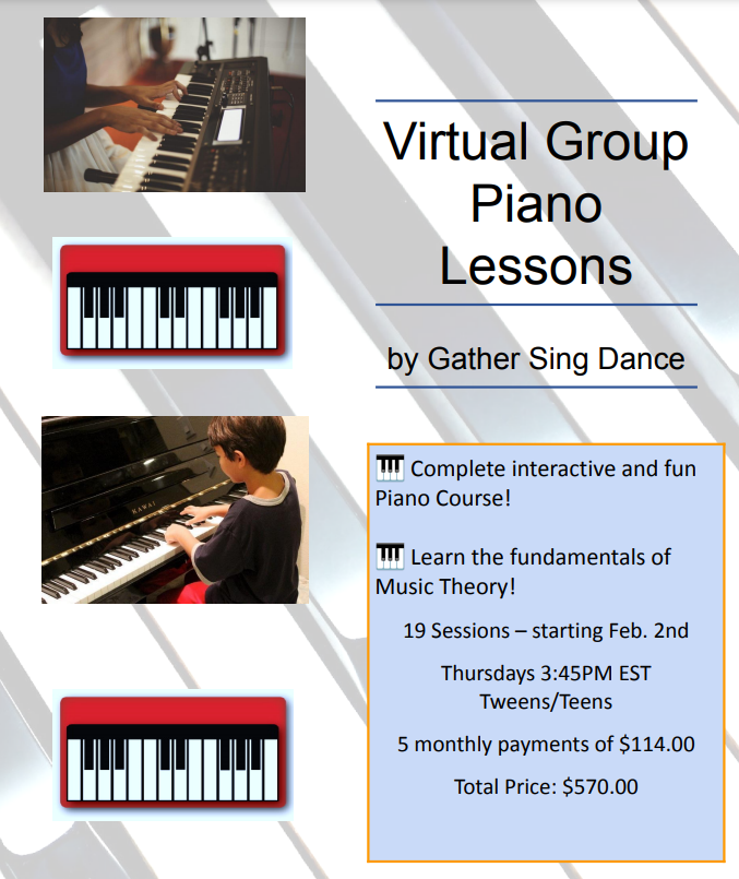 19 classes of All In One Piano Fun Group Class (Tweens/Teens Thursdays @ 345PM EST) Monthly per child